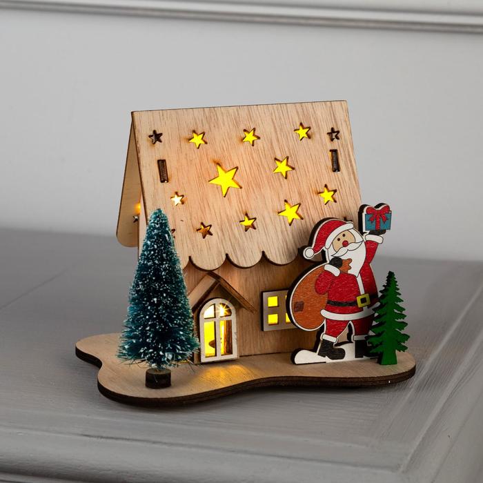 Светодиодная фигура «Дом с Дедом Морозом» 11 × 15 × 3 см, дерево, батарейки LR41х3, свечение тёплое белое