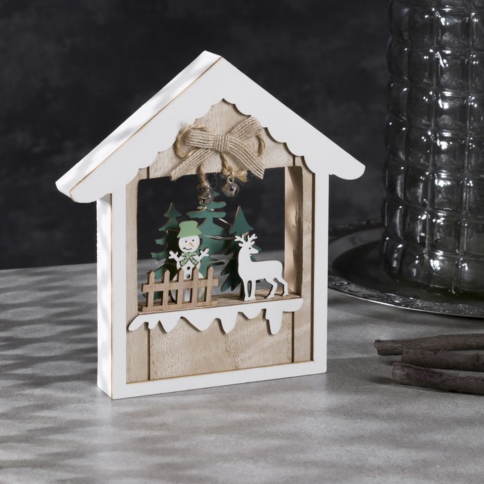 Светодиодная фигура «Дом со снеговиком» 13 × 19 × 3 см, дерево, батарейки АААх2 (не в комплекте), свечение тёплое белое - фото 1926229518