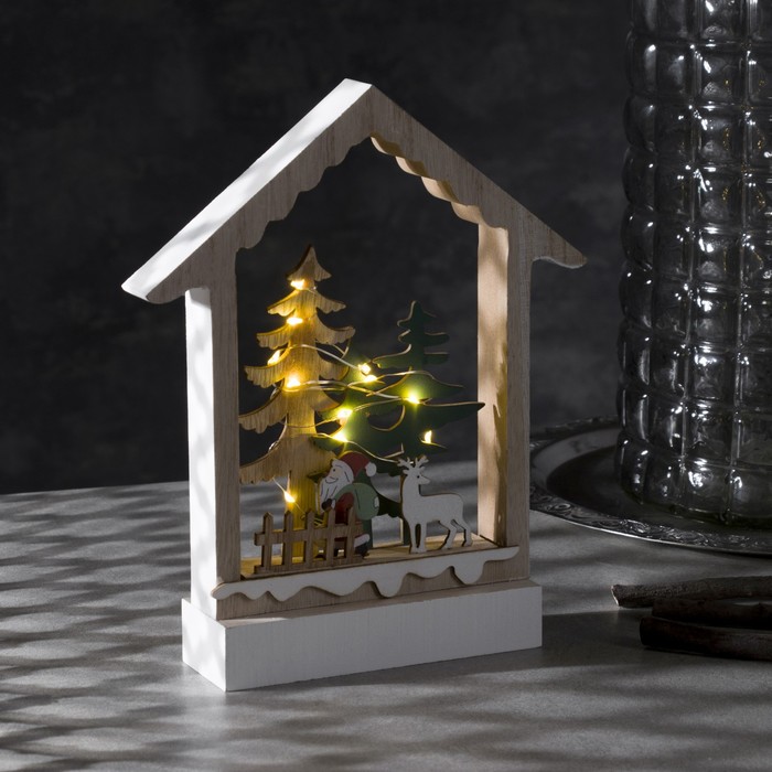 Светодиодная фигура «Дом с Дедом Морозом» 19 × 23 × 4.5 см, дерево, батарейки АААх2 (не в комплекте), свечение тёплое белое