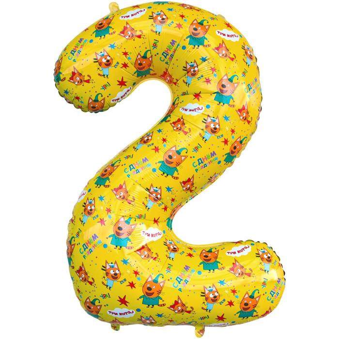 Шар фольгированный 34 «Цифра 2», Три Кота, жёлтый, 1 шт. в упаковке