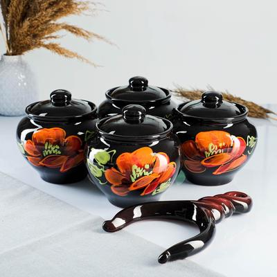 Горшочки для запекания Псковский гончар «Мак на чёрном», набор 4 шт., 850 мл, с ухватом, керамика