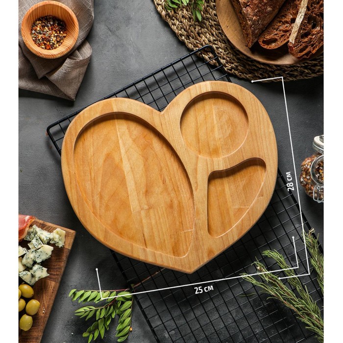 Менажница деревянная Доляна «Сердце», 25×25 см, 3 секции, берёза - фото 1883702519