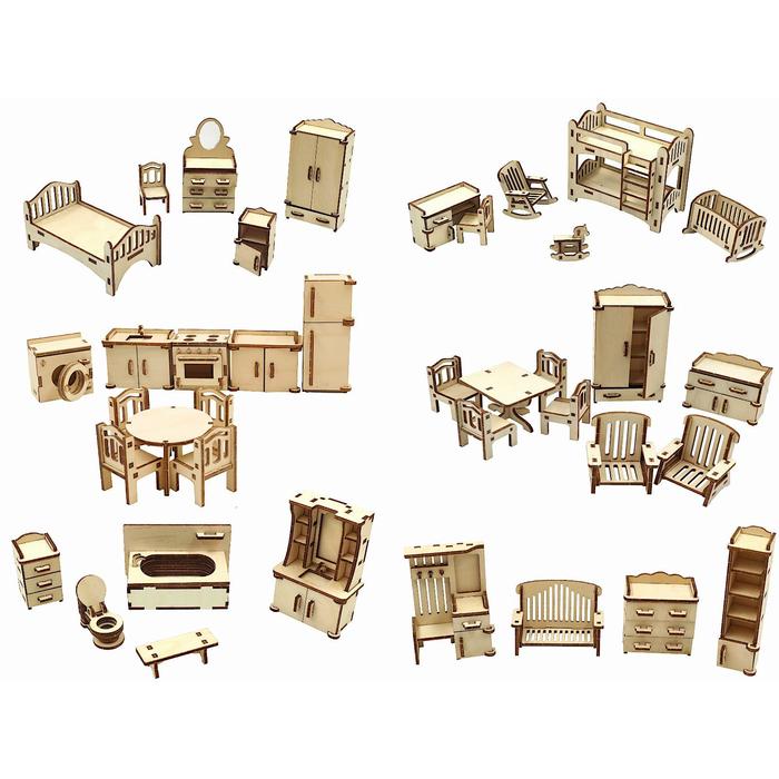 Большой набор кукольной мебели из дерева 6 в 1 - фото 1911577352