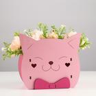 Кашпо деревянное для цветов и подарков "Котик" с аппликацией, розовое, 19х12х16 см - фото 9287372