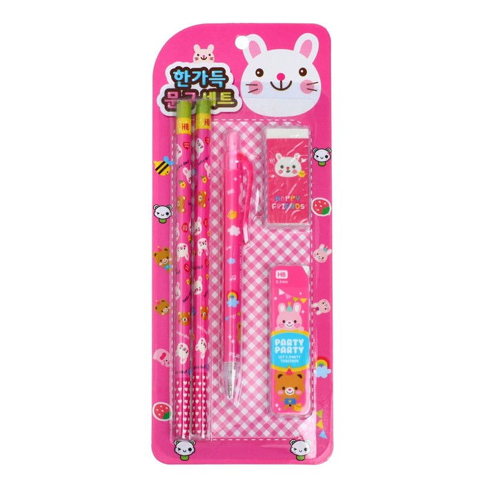 Набор канцелярский детский, 5 предметов (3 шт карандашей+ластик+грифели), розовый - Фото 1