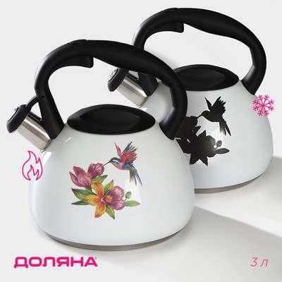 Чайник Доляна «Колибри», 3 л, со свистком, с индикатором нагрева, нержавеющая сталь, белый