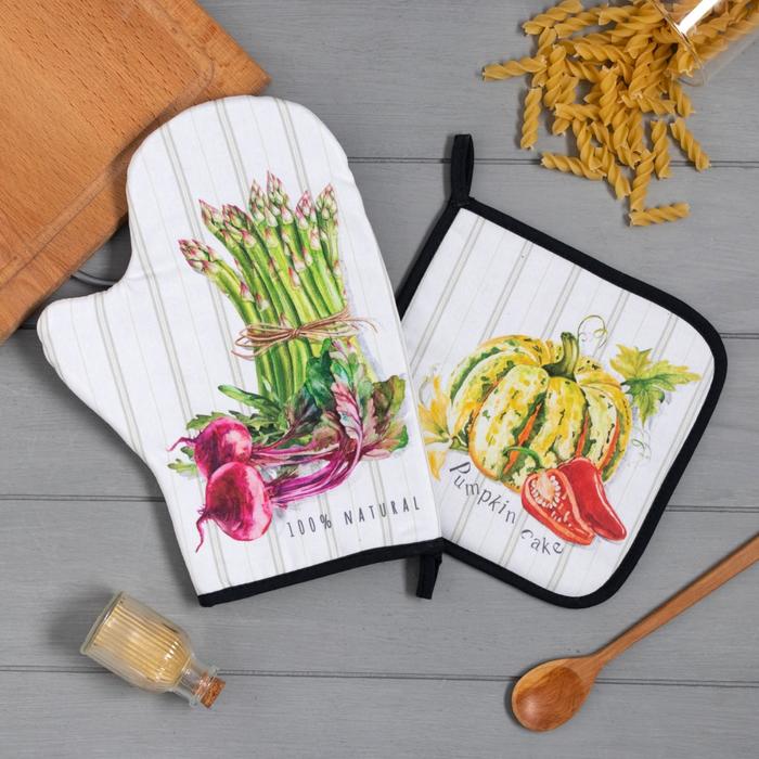 Кухонный набор Этель "Vegetable": варежка-прихватка 20х28 см, прихватка 19х19 см, 100% хлопок - Фото 1