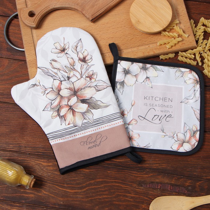 Набор кухонный «Floral mood» варежка-прихватка 20×28 см, прихватка 19×19 см,100% хл - Фото 1