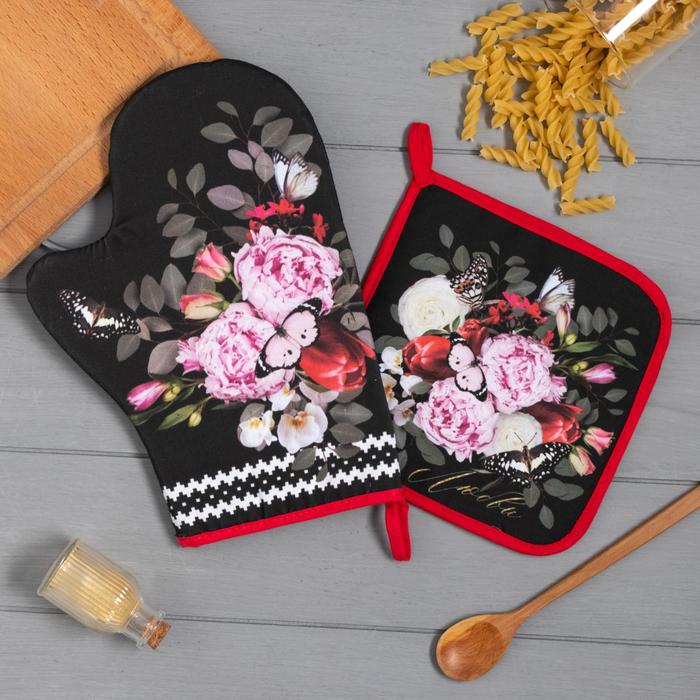 Набор кухонный «Flowers» варежка-прихватка 20×28 см, прихватка 19×19 см,100% хл - Фото 1