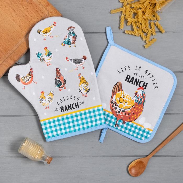 Кухонный набор Этель Chicken Ranch: варежка-прихватка 20×28 см, прихватка 19×19 см, 100% хлопок - Фото 1
