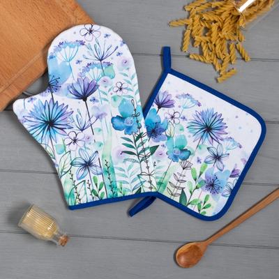 Кухонный набор Blue flowers: варежка-прихватка 20×28 см, прихватка 19×19 см,100% хлопок