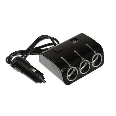 УЦЕНКА Разветвитель прикуривателя, 3 гнезда с подсветкой, 2 USB, 12/24 В,провод 70 см,черный