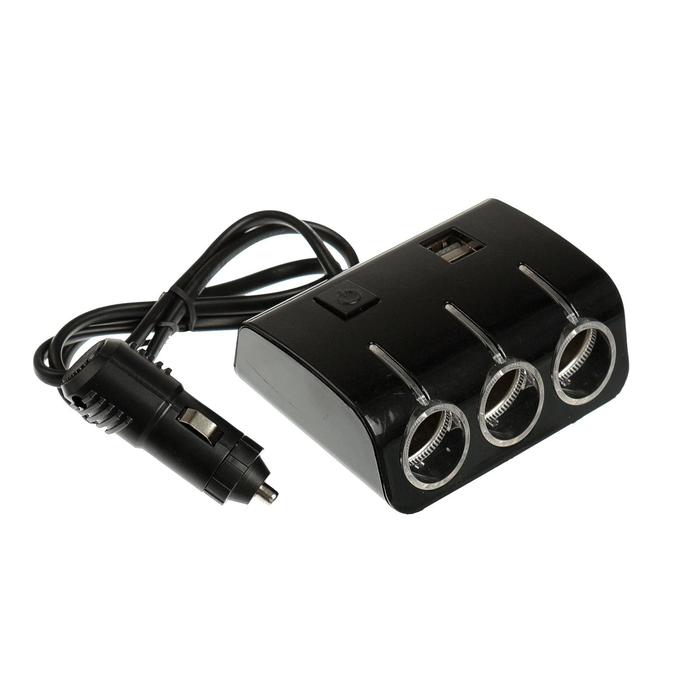 УЦЕНКА Разветвитель прикуривателя, 3 гнезда с подсветкой, 2 USB, 12/24 В,провод 70 см,черный - Фото 1