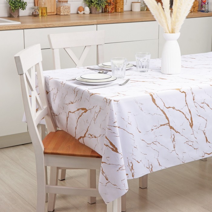 Клеёнка на стол на тканевой основе Доляна «Мрамор», ширина 137 см, рулон 20 м, толщина 0,22 мм, цвет бело-золотой - Фото 1