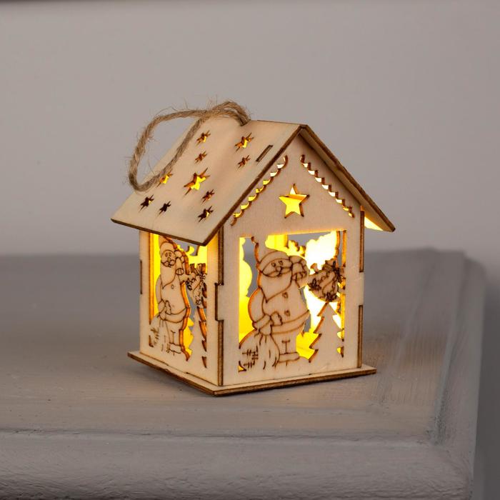 Ёлочная игрушка «Домик с Дедом Морозом и ёлкой», от батареек, свечение тёплое белое - фото 1908713861