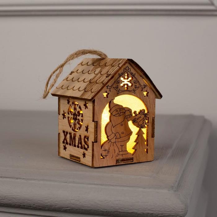 Ёлочная игрушка «Домик с Дедом Морозом с мешком», от батареек, свечение тёплое белое - фото 1908713881