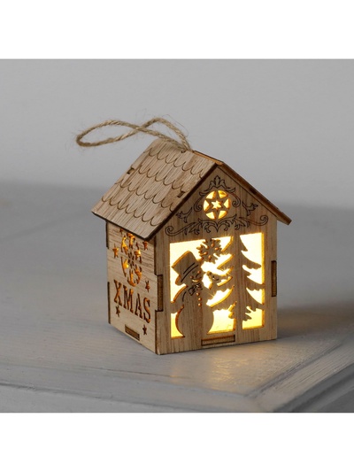 Ёлочная игрушка «Домик со снеговиком», 8×6.5×6 см, от батареек, свечение тёплое белое
