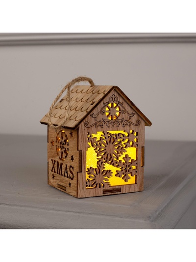 Ёлочная игрушка «Домик со снежинками», 8×6.5×6 см, от батареек, свечение тёплое белое
