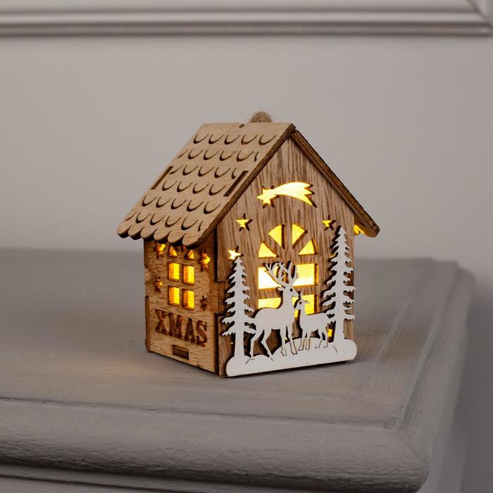 Ёлочная игрушка «Домик с оленями», от батареек, свечение тёплое белое - фото 1908713901