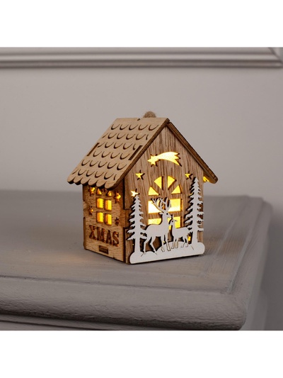 Ёлочная игрушка «Домик с оленями», 8×7×5.5 см, от батареек, свечение тёплое белое
