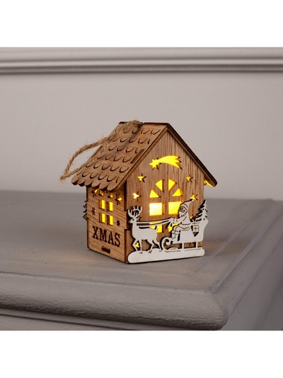 Ёлочная игрушка «Домик с Дедом Морозом на санках», 8×7×5.5 см, от батареек, свечение тёплое белое