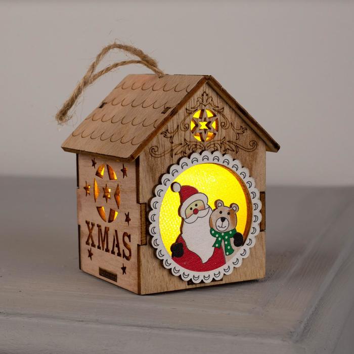Ёлочная игрушка «Домик с Дедом Морозом и медведем», от батареек, свечение тёплое белое - фото 1908713921