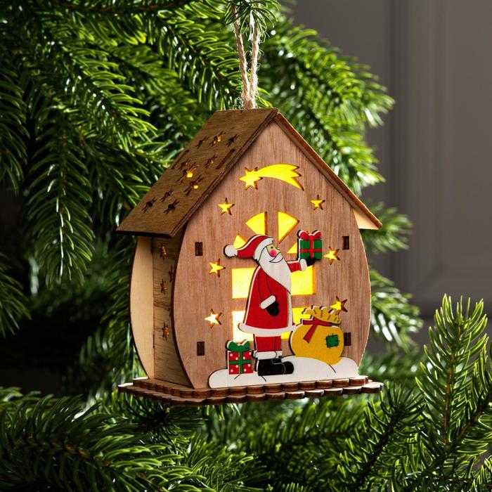 Ёлочная игрушка «Домик с Дедом Морозом с подарками», от батареек, свечение тёплое белое - Фото 1