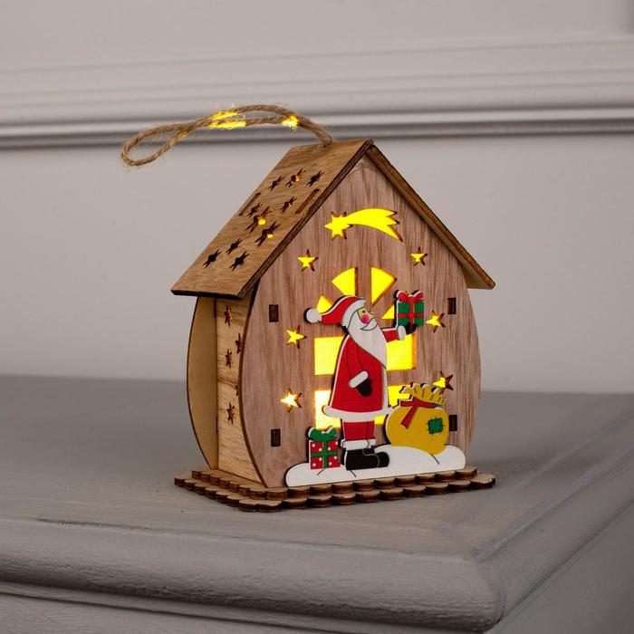 Ёлочная игрушка «Домик с Дедом Морозом с подарками», от батареек, свечение тёплое белое - фото 1908713941