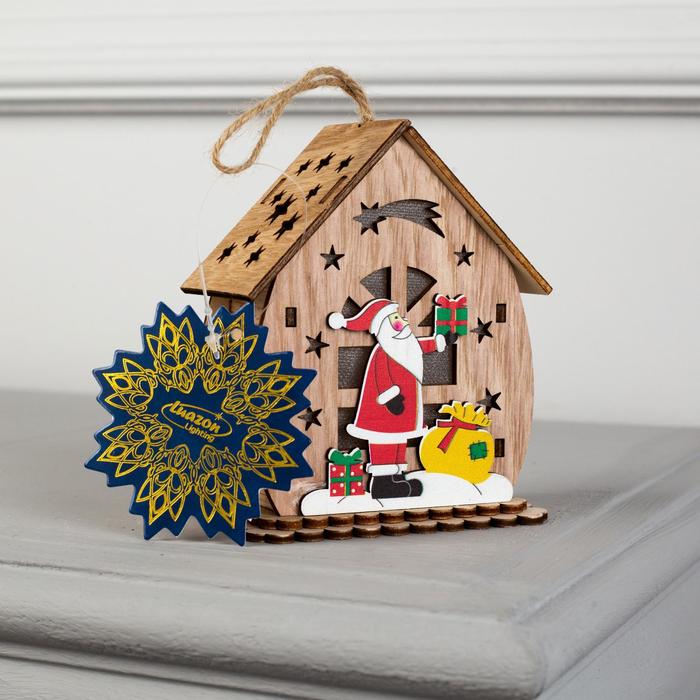Ёлочная игрушка «Домик с Дедом Морозом с подарками», от батареек, свечение тёплое белое - фото 1908713942