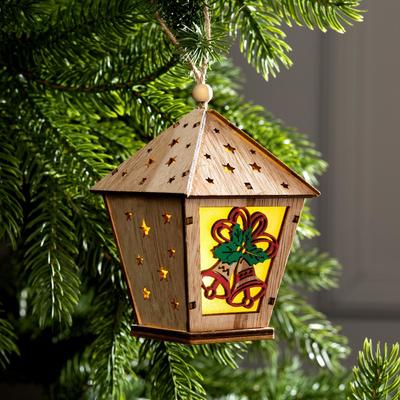 Ёлочная игрушка «Фонарь с колокольчиками», 11х8х8 см, от батареек, свечение тёплое белое