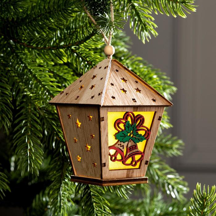 Ёлочная игрушка «Фонарь с колокольчиками», 11х8х8 см, от батареек, свечение тёплое белое - Фото 1