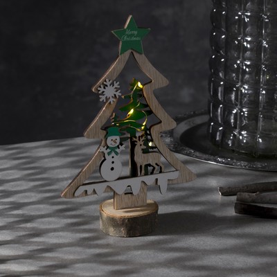 Светодиодная фигура «Ёлка со снеговиком» 13 × 20 × 5 см, дерево, батарейки CR2032х1 (в комплетке), свечение тёплое белое