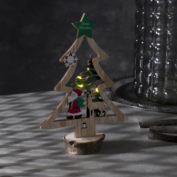 Светодиодная фигура «Ёлка с Дедом Морозом» 13 × 20 × 5 см, дерево, батарейки CR2032х1, свечение тёплое белое - Фото 1