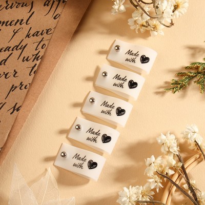 Бирка с кнопкой Made with love Арт Узор, 8×1.8 см, 10 шт., белая, чёрная
