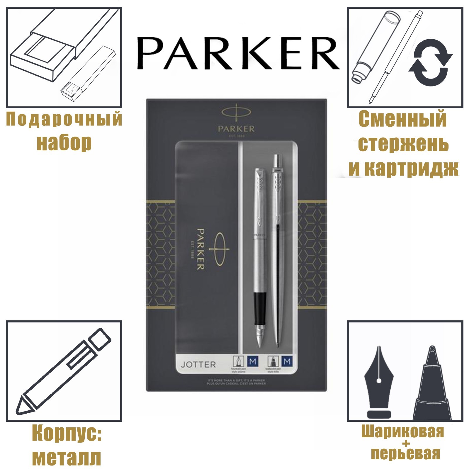 Набор Parker Jotter Core FK61 Stainless Steel CT М, ручка шариковая ...
