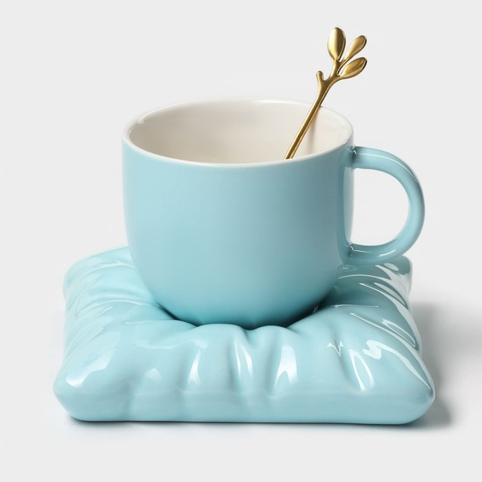Чайная пара керамическая с ложкой «Зефирка», 2 предмета: чашка 250 мл, блюдце d=13 см, цвет голубой - Фото 1