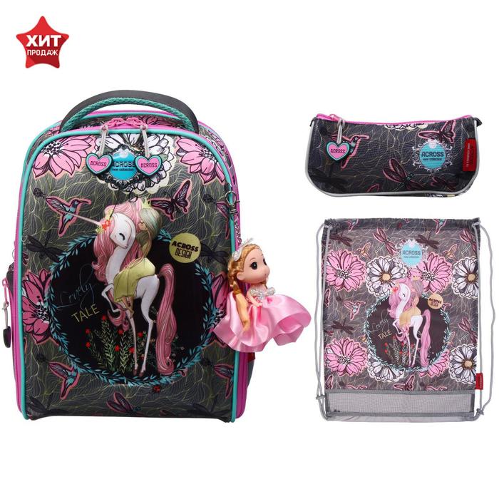Рюкзак каркасный, Across 490, 39*29*17 см, с наполнением: мешок для обуви, пенал, брелок, «Принцесса» - Фото 1