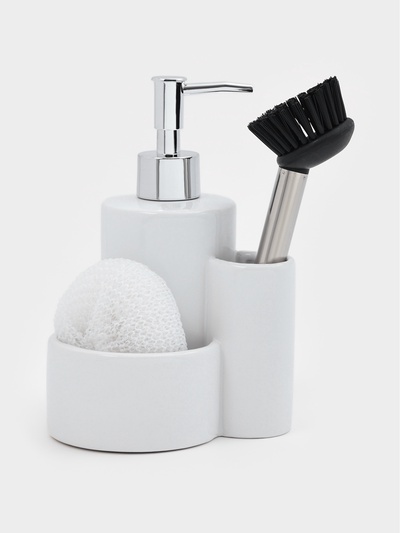 Дозатор для моющего средства Доляна «Милитари», 370 мл, с губкой и щёткой, белый