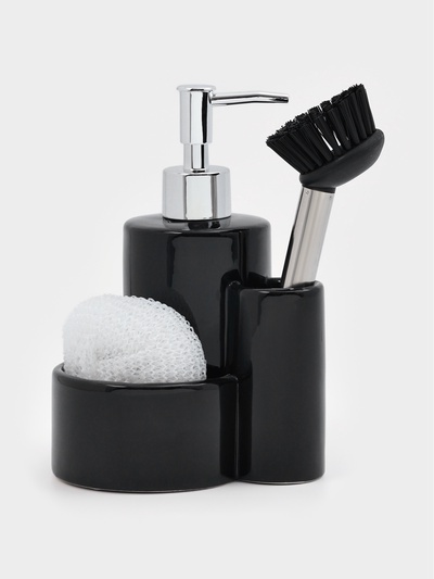 Дозатор для моющего средства Доляна «Милитари», 370 мл, с губкой и щёткой, чёрный