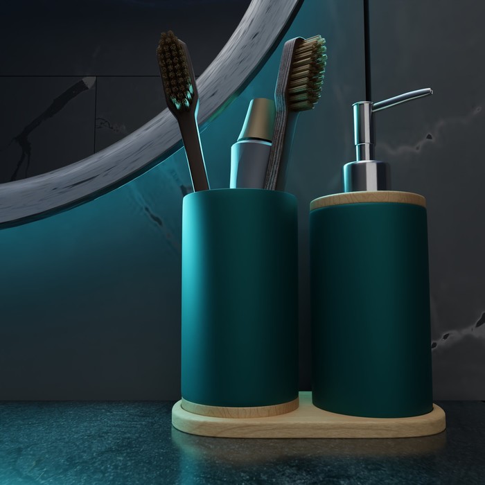 Набор аксессуаров для ванной комнаты «Натура», 2 предмета (дозатор 400 мл, стакан, на подставке), цвет зелёный - фото 1905808730