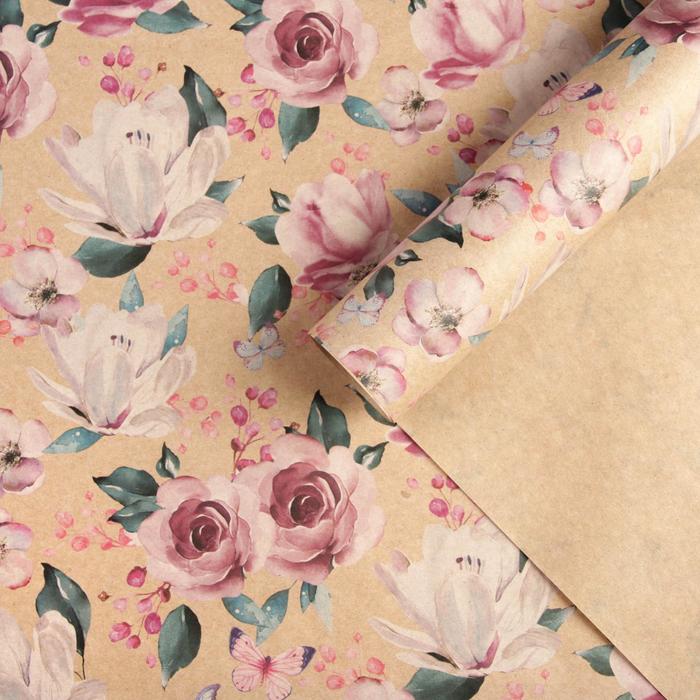 Бумага упаковочная крафтовая «Нежные цветы», 70 х 100 см - Фото 1
