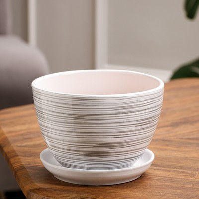 Горшок для цветов «День», керамический, с поддоном, 1.65 л, белый с полосками