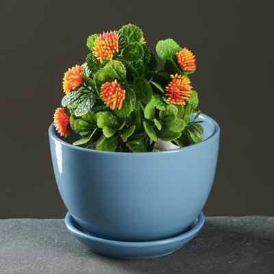 Горшок для цветов «Антик», 750 мл, d=14 см, h=10 см, керамика, с поддоном, голубой