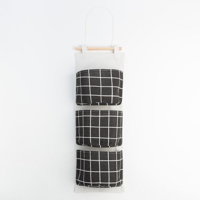 Органайзер подвесной с карманами Доляна «Клетка», 3 отделения, 57×19 см, цвет чёрный - Фото 1