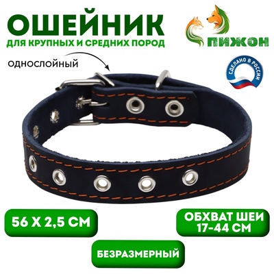 Ошейник кожаный однослойный, безразмерный, 56 х 2.5 см, ОШ 17-44 см, синий