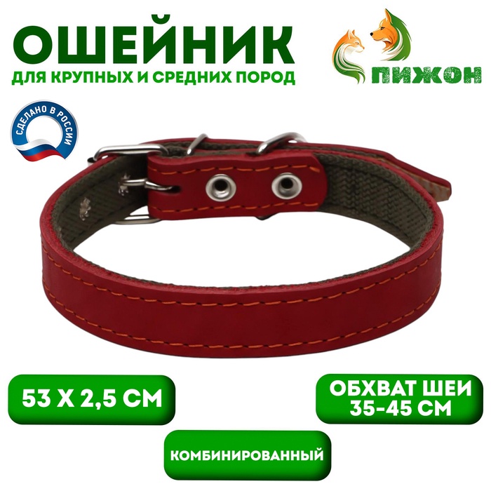 Ошейник комбинированный кожа/брезент, 53 х 2.5 см, ОШ 35-45 см, красный - Фото 1