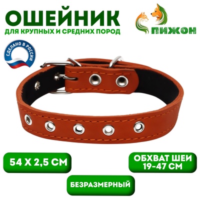Ошейник кожаный на синтепоне, безразмерный, 54 х 2,5 см, ОШ 19-47 см, оранжевый