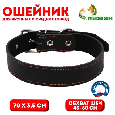Ошейник кожаный на синтепоне, 70×3.5 см, ОШ 45-60 см, чёрный