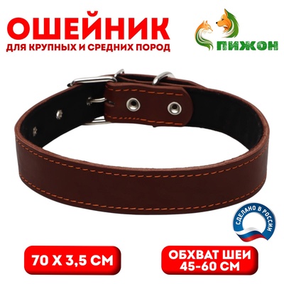 Ошейник кожаный на синтепоне, 70 х 3,5 см, ОШ 45-60 см, коричневый