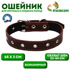 Ошейник кожаный на синтепоне, безразмерный, 65×3 см, ОШ 22-55 см, коричневый - Фото 1